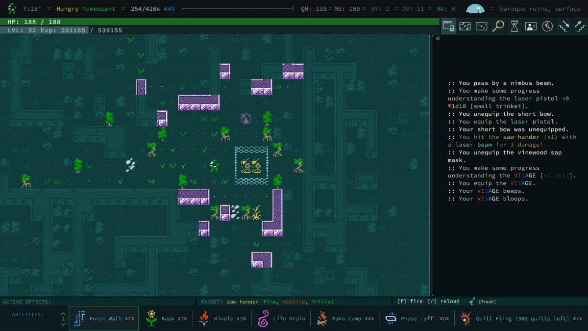 The player exploring a dungeon in Caves of Qud
