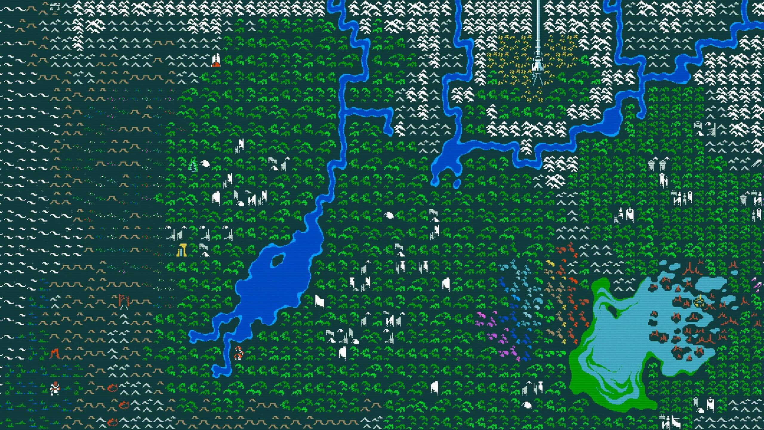 A retro-style landscape with trees, rivers, and other features in Caves of Qud
